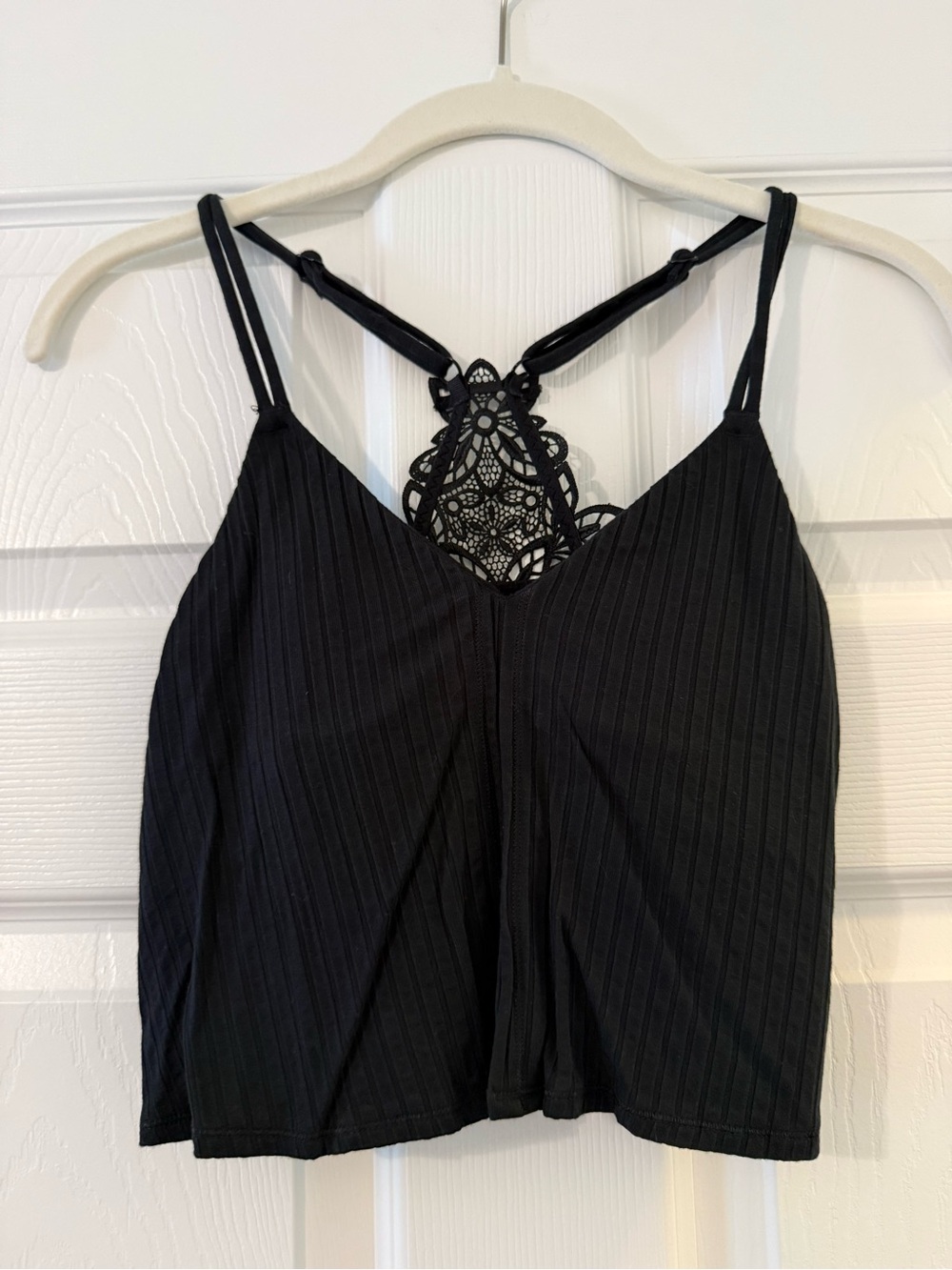Aerie Black Lace-Back Ribbed Cropped Tank Top